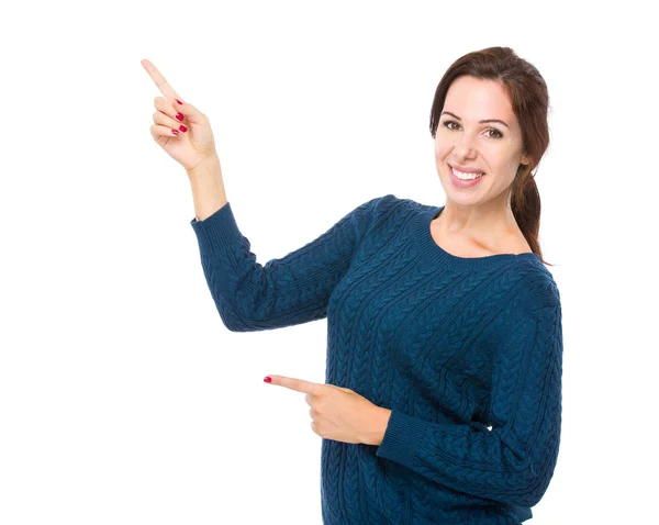 Mulher com o dedo aponte para cima — Fotografia de Stock