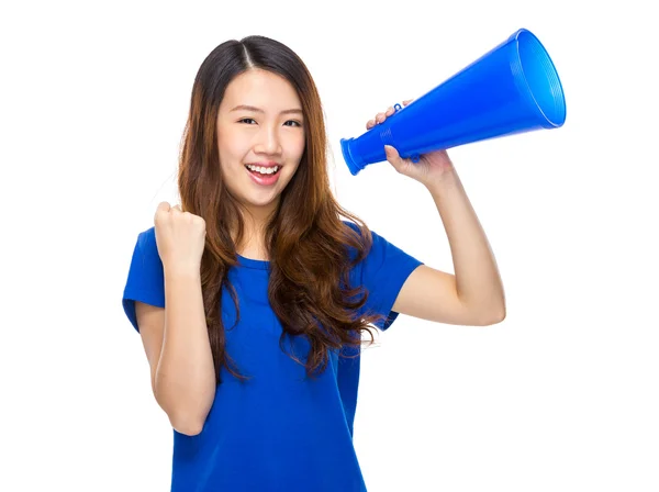 Woman screaming in megaphone — Stock Photo, Image