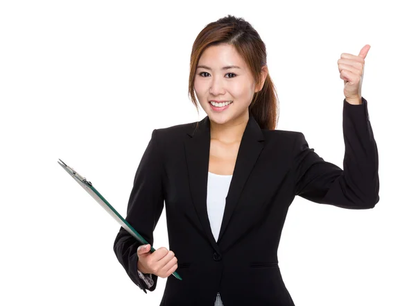 Businesswoman with clipboard and thumb up — Stock Photo, Image