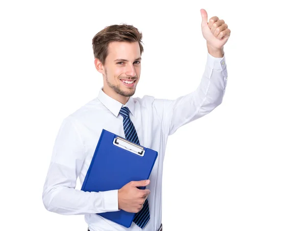 Businessman with clipboard and thumb up — Stock Photo, Image