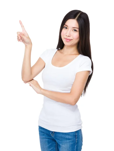 Женщина с указательным пальцем — стоковое фото