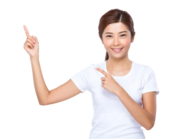 Woman with two fingers point up — Stock Photo, Image