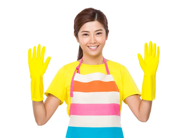 Housewife in apron wear plastic gloves — Stock Photo, Image