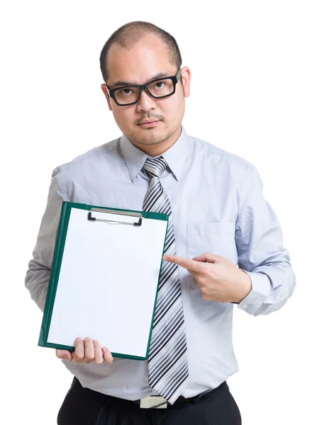 Businessman with blank page on clipboard — Stock Photo, Image