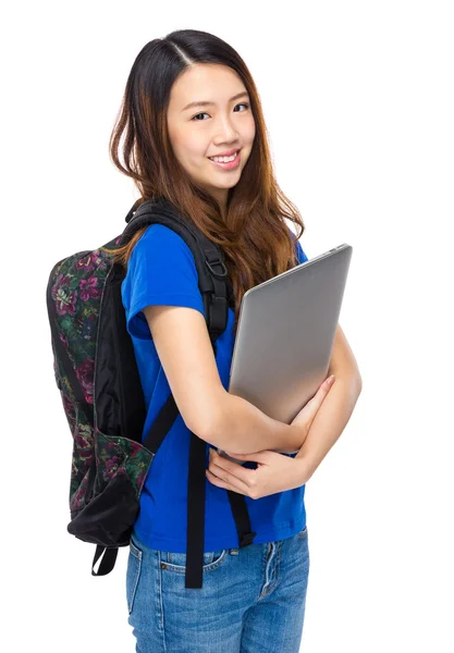 Student met Schooltasje en laptop — Stockfoto