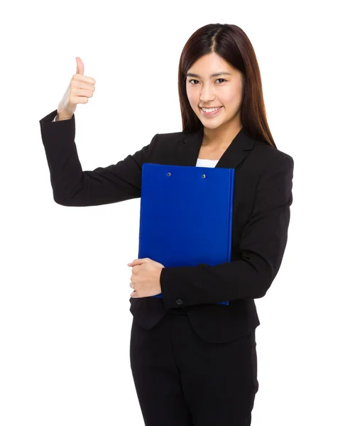 Businesswoman with clipboard and thumb up — Stock Photo, Image