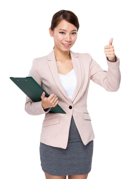 Businesswoman with clipboard and thumb up — Stock Photo, Image