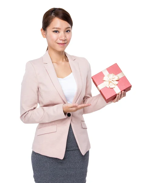 Woman with red gift box — Stock Photo, Image
