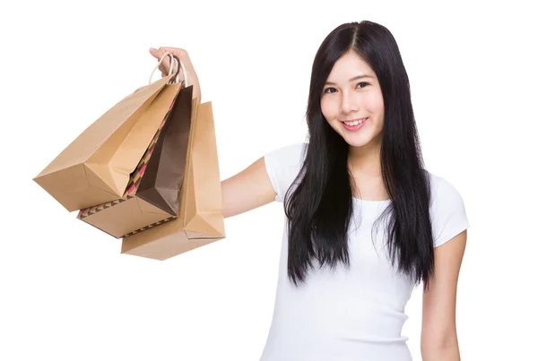 Mulher feliz com sacos de compras — Fotografia de Stock