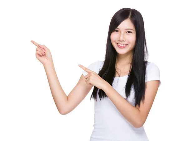 Woman with two fingers point up — Stock Photo, Image