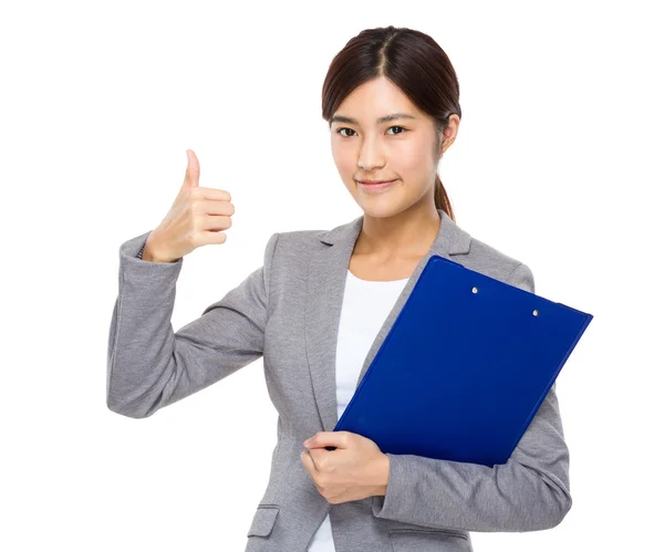 Businesswoman with clipboard and thumb up — Stock Photo, Image