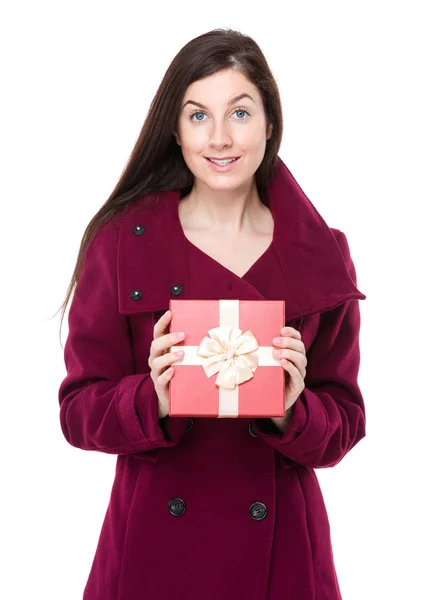 Woman with red gift box — Stock Photo, Image