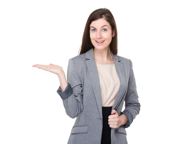 Businesswoman with open hand palm — Stock Photo, Image