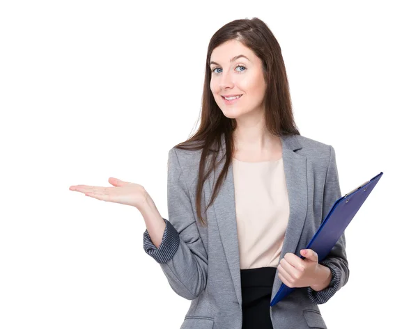 Businesswoman with folder and hand present — Stock Photo, Image