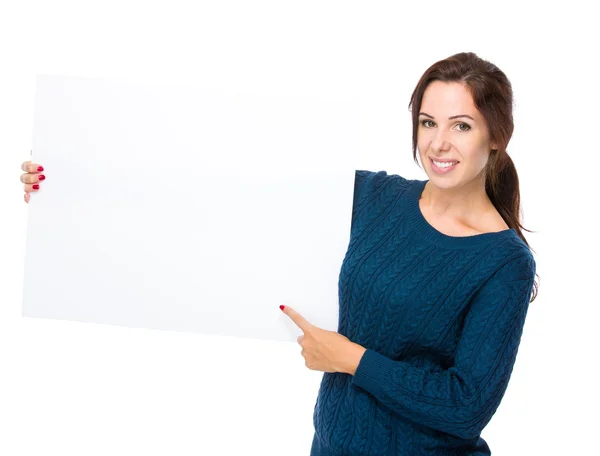 Woman with finger point to placard — Stock Photo, Image