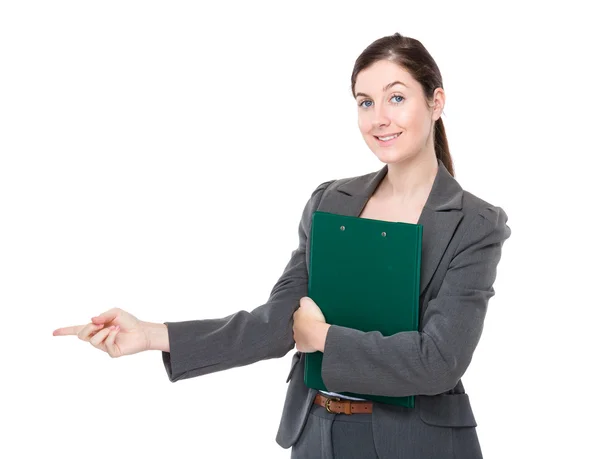 Businesswoman with finger point aside — Stock Photo, Image