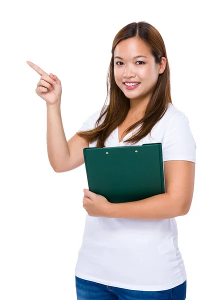 Woman with clipboard and finger up — Stock Photo, Image