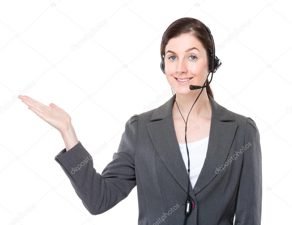 Female call center operator with open palm