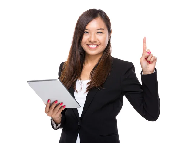 Business woman with tablet and pen point up — Stock Photo, Image