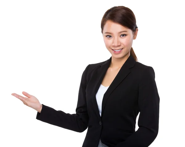 Businesswoman with open hand palm — Stock Photo, Image