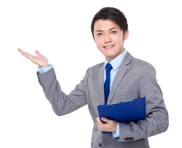 Businessman with file and open hand palm — Stock Photo, Image