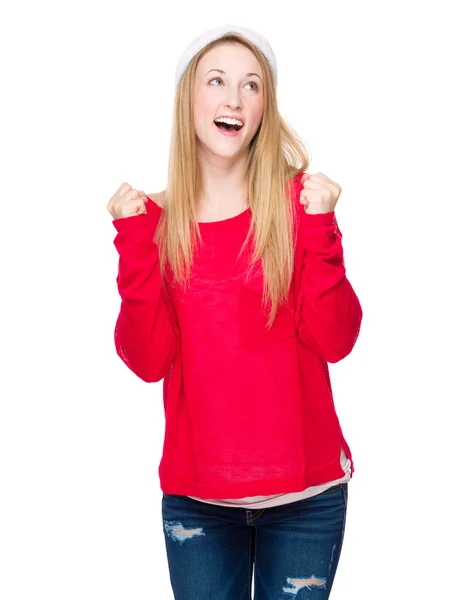 Vrouw met santa hat gevoel opgewonden — Stockfoto