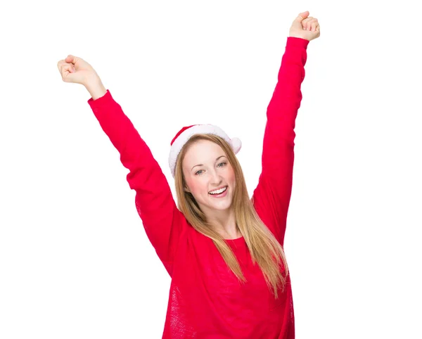 Femme en chapeau de Noël mains levées — Photo