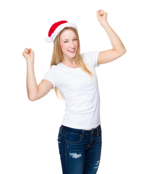 Excited woman with christmas hat — Stock Photo, Image