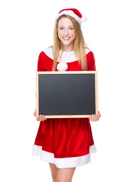 Frau mit Weihnachtskleid mit Kreidetafel — Stockfoto