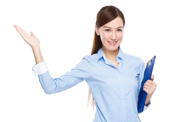 Businesswoman with open hand plam — Stock Photo, Image