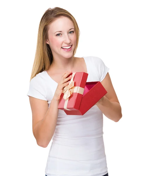 Woman opened red gift box — Stock Photo, Image