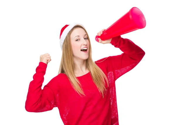 Papai Noel feminino com megafone — Fotografia de Stock