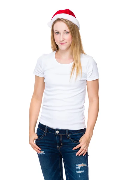 Young woman in Christmas hat — Stock Photo, Image