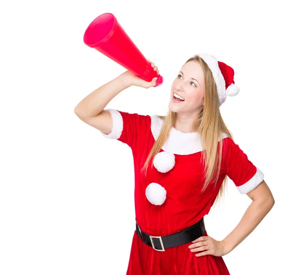 Santa Claus femenino con megáfono — Foto de Stock