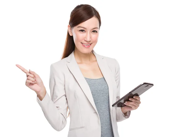 Businesswoman with tablet and finger up — Stock Photo, Image