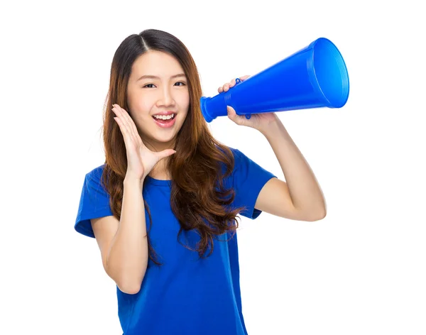 Woman speaking with megaphone — Stock Photo, Image