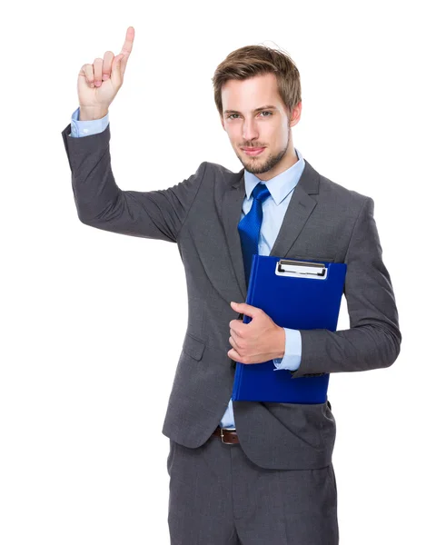 Businessman with clipboard and finger up — Stock Photo, Image