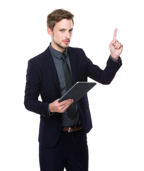 Businessman with tablet and finger up — Stock Photo, Image