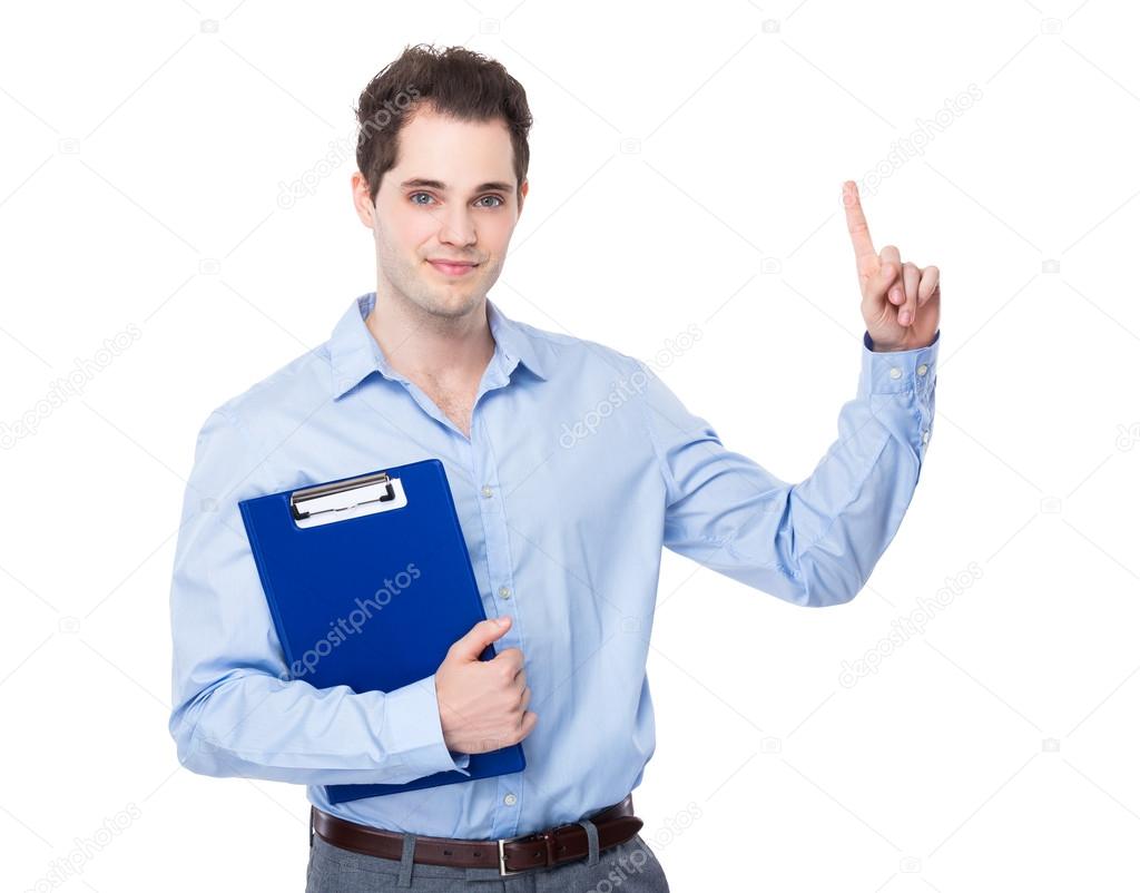 Businessman with clipboard and finger up