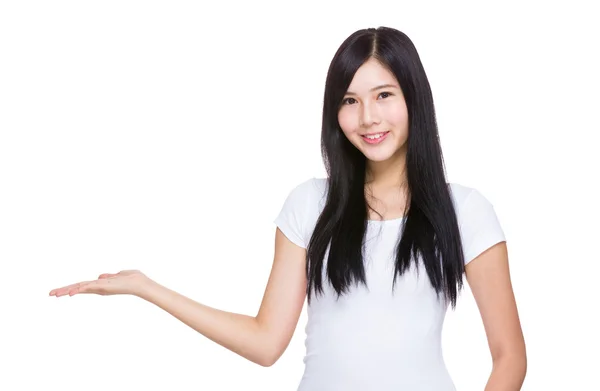 Woman giving hand presentation — Stock Photo, Image