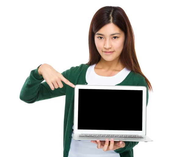 Woman point to laptop computer — Stock Photo, Image
