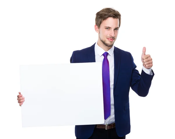 Podnikatel s bílou tabuli a palec nahoru — Stock fotografie