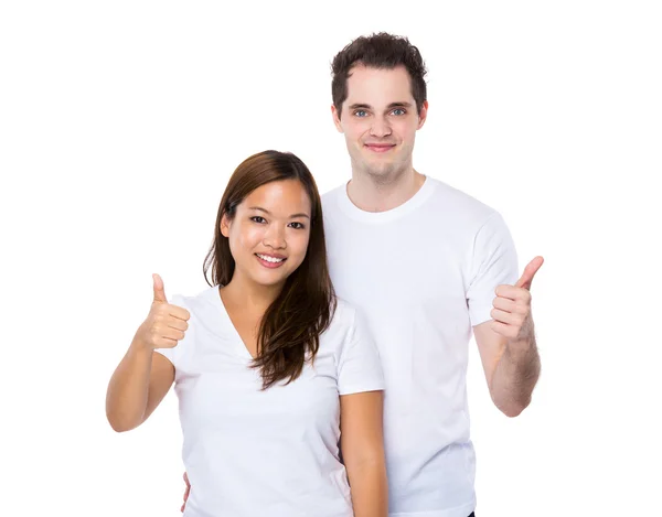 Asian woman and caucasian man with thumb up — Stock Photo, Image