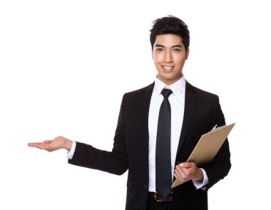 Pano ve açık el palm ile işadamı