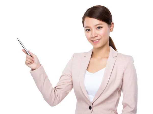 Businesswoman with pen up — Stock Photo, Image