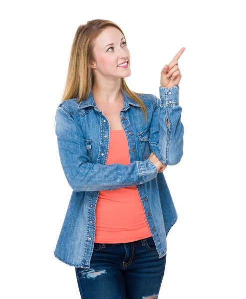 Woman with finger pointing up — Stock Photo, Image