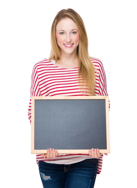 Beautiful woman with chalkboard — Stock Photo, Image