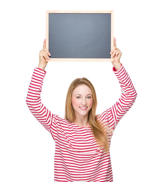 Beautiful woman with chalkboard — Stock Photo, Image