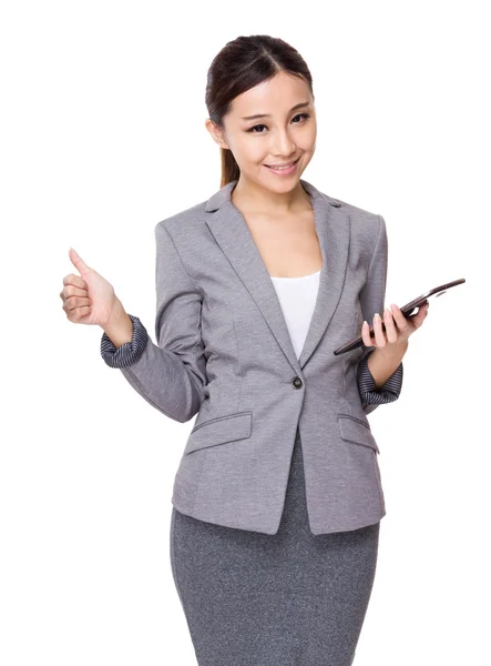 Businesswoman with tablet and thumb up — Stock Photo, Image