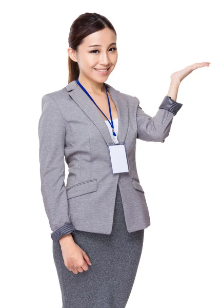 Businesswoman with open hand palm — Stock Photo, Image